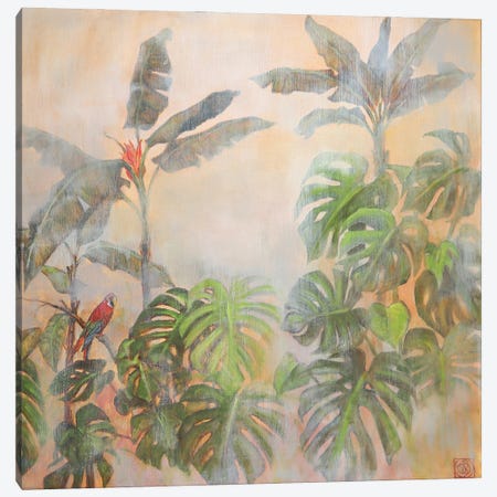 Tropical Scenery With Parrot Canvas Print #KBI17} by Katia Bellini Canvas Artwork