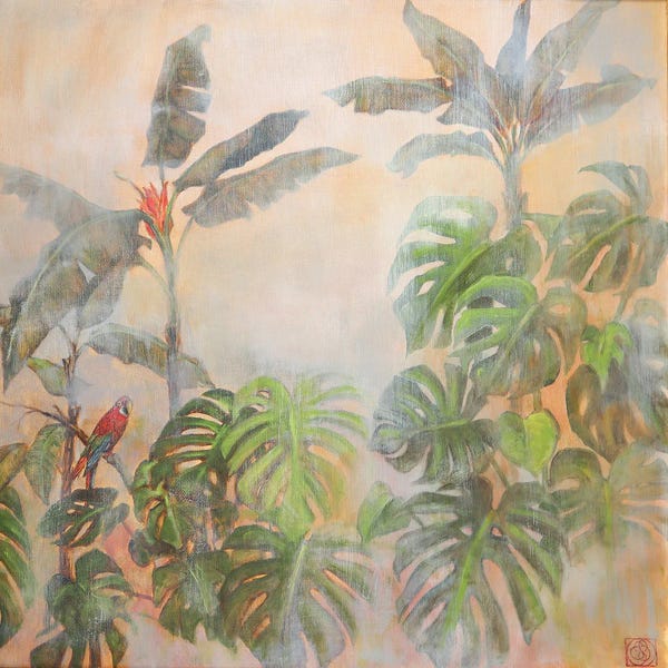 Monsteras: Tropical Scenery With Parrot by Katia Bellini