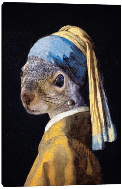 Squirrel With A Pearl Earring Canvas Art Print - Girl with a Pearl Earring Reimagined