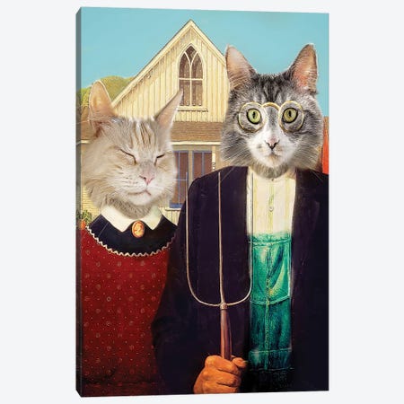 American Gothic Cats Canvas Print #KBU2} by Karen Burke Canvas Art