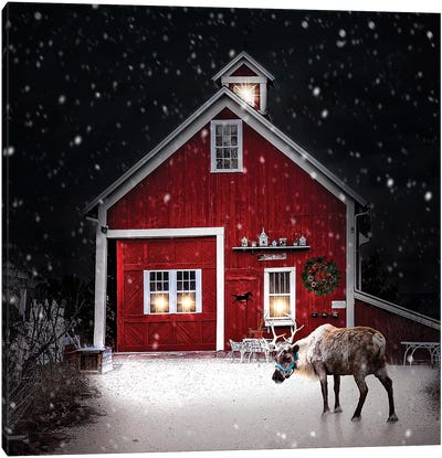 Winter Night Reindeer Canvas Art Print - Barns