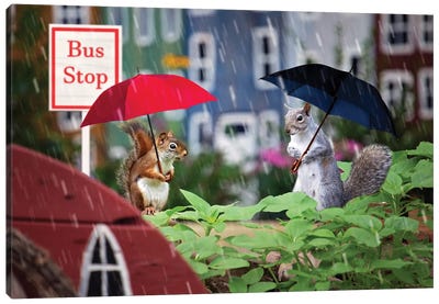 Bus Stop In The Rain Canvas Art Print - Karen Burke
