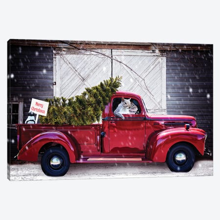 Christmas Tree In Red Ford Truck Canvas Print #KBU83} by Karen Burke Canvas Art