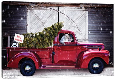 Christmas Tree In Red Ford Truck Canvas Art Print - Squirrel Art