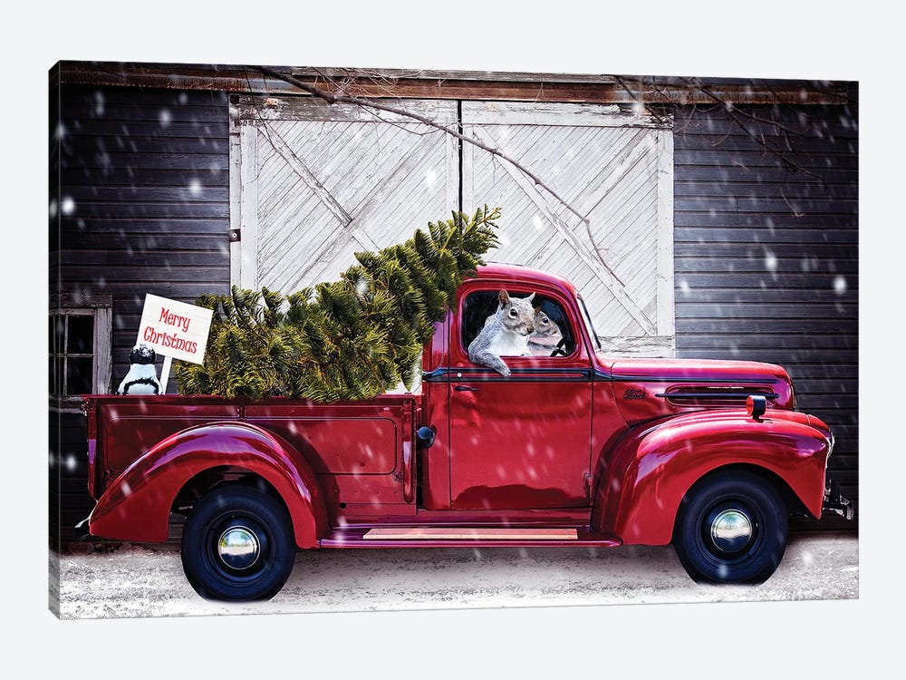 Christmas Tree In Red Ford Truck by Karen Burke 1-piece Canvas Wall Art