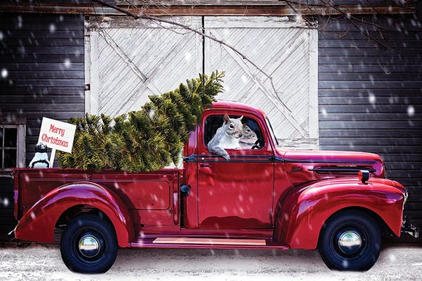 Karen Burke: Christmas Tree In Red Ford Truck by Karen Burke