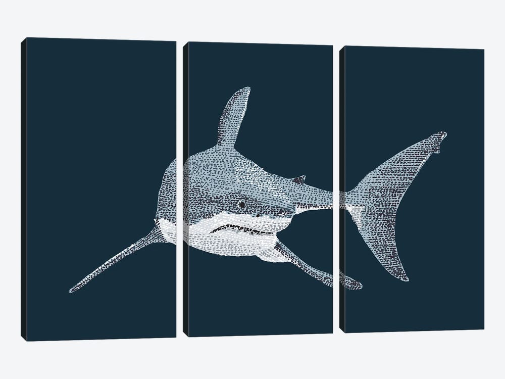 Stipple Of The Sea Great White Shark by Kelsey Emblow 3-piece Canvas Print