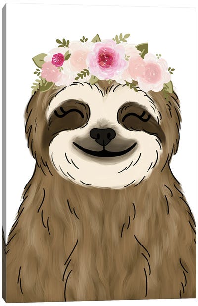 Floral Crown Sloth Canvas Art Print - Sloth Art