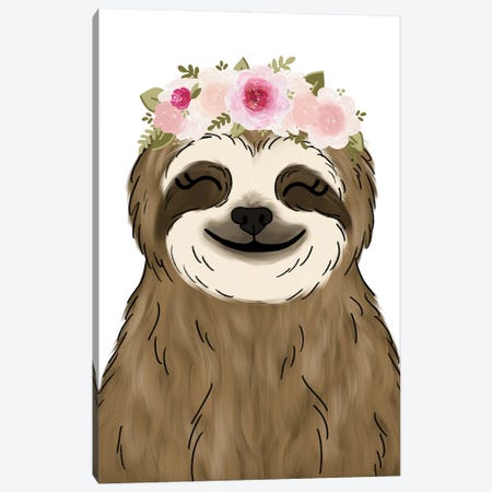 Floral Crown Sloth Canvas Print #KBY103} by Katie Bryant Canvas Art