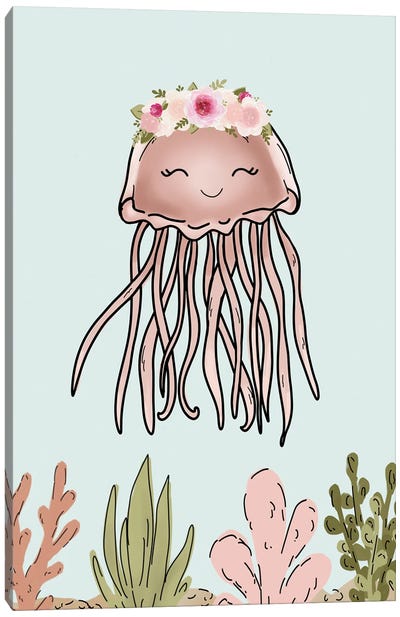Floral Crown Pink Jellyfish Canvas Art Print - Katie Bryant