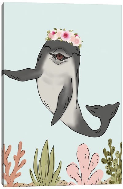 Floral Crown Dolphin Canvas Art Print - Katie Bryant