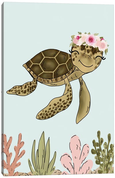 Floral Crown Sea Turtle Canvas Art Print - Katie Bryant