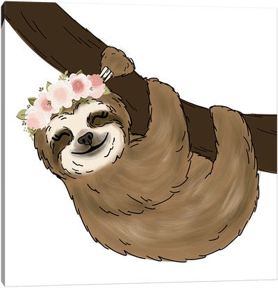 Floral Crown Tree Sloth Canvas Art Print - Sloth Art