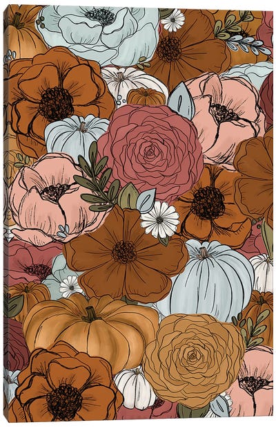 Retro Pumpkin Florals Canvas Art Print - Floral & Botanical Patterns