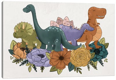 Dinosaur Florals Canvas Art Print - Kids Dinosaur Art
