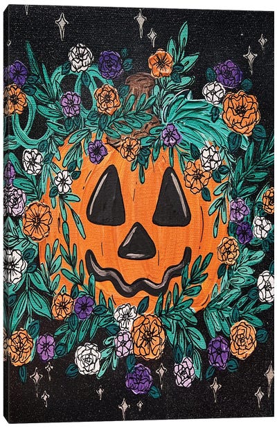 Floral Jack O' Lantern Canvas Art Print - Halloween Art