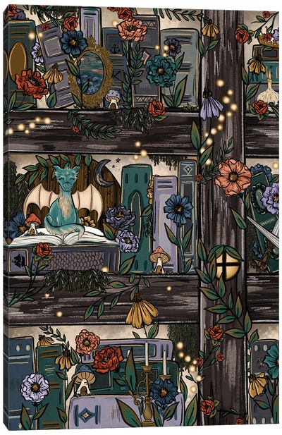 Fantasy Forest Bookshelf Canvas Art Print - Dragon Art