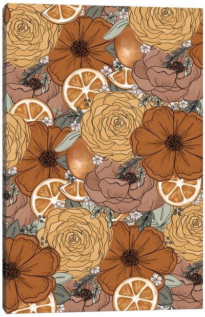 Orange Sketched Florals Canvas Art Print - Orange Art