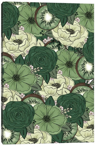Kiwi Sketched Florals Canvas Art Print - Green with Envy