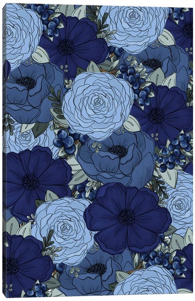 Blueberry Sketched Florals Canvas Art Print - Indigo Art