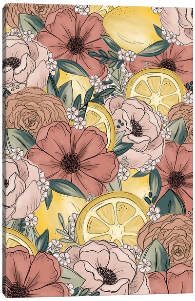 Lemon Sketched Florals Canvas Art Print - Lemon & Lime Art