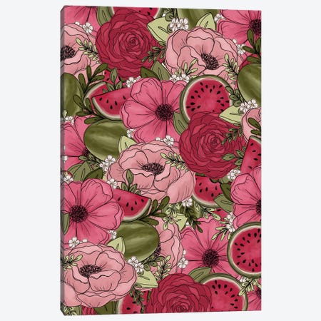 Watermelon Sketched Florals Canvas Print #KBY41} by Katie Bryant Canvas Wall Art