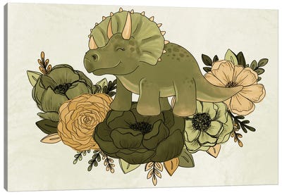 Triceratops Florals Canvas Art Print - Kids Dinosaur Art