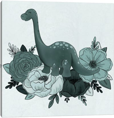 Brontosaurus Florals Canvas Art Print - Kids Dinosaur Art