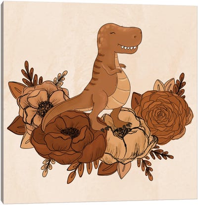 T-Rex Florals Canvas Art Print - Kids Dinosaur Art