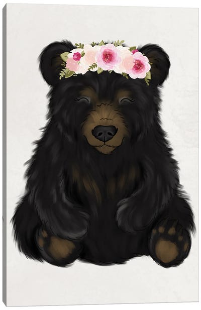 Floral Crown Baby Black Bear Canvas Art Print - Black Bear Art