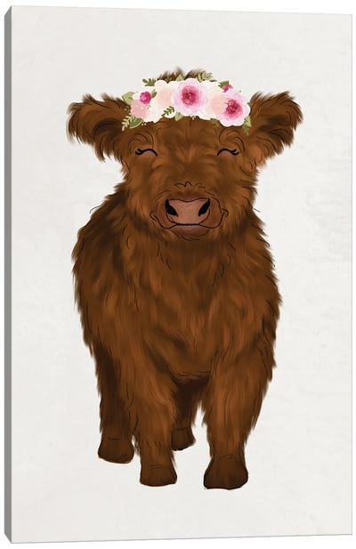 Floral Crown Baby Highland Cow Canvas Art Print - Katie Bryant