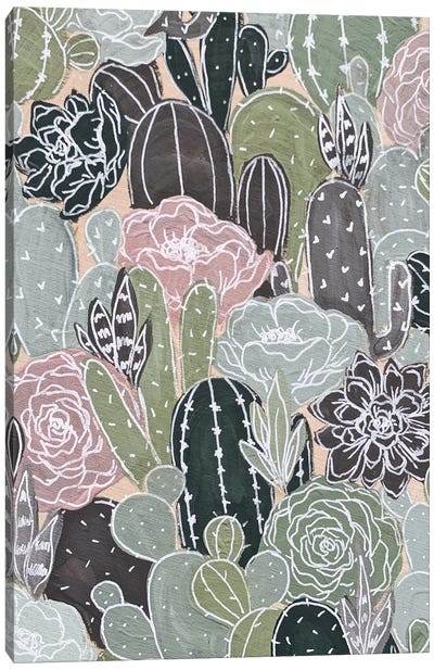 White Outlined Cactus Florals Canvas Art Print - Floral & Botanical Patterns