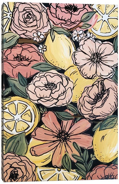 Black Outlined Lemon Florals Canvas Art Print - Katie Bryant
