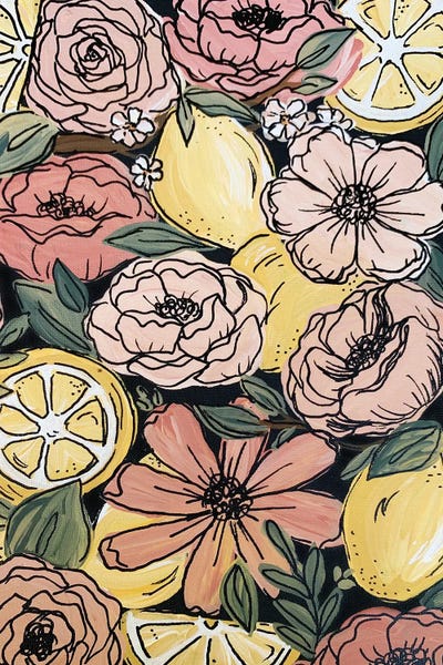 Floral & Botanical Patterns: Black Outlined Lemon Florals by Katie Bryant