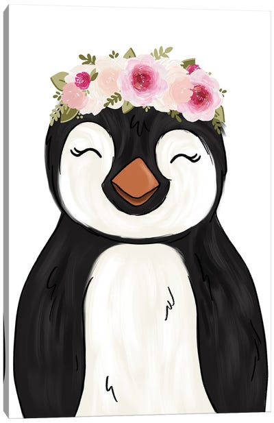 Floral Crown Penguin Canvas Art Print - Penguin Art
