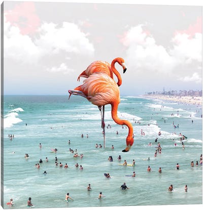 Beaching Around Canvas Art Print - Flamingo Art