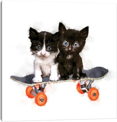 Two Babies On A Board Canvas Art Print - Skateboarding Art