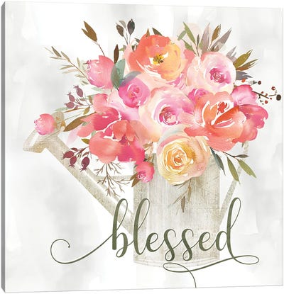 Simple Blessed Floral Canvas Art Print - Gratitude Art