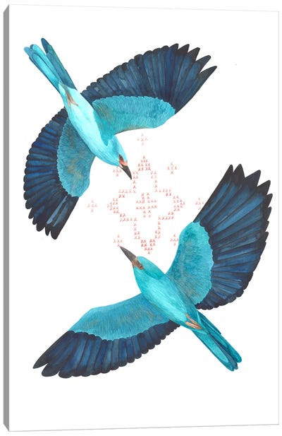 2 European Rollers In Flight Canvas Art Print - Karina Danylchuk