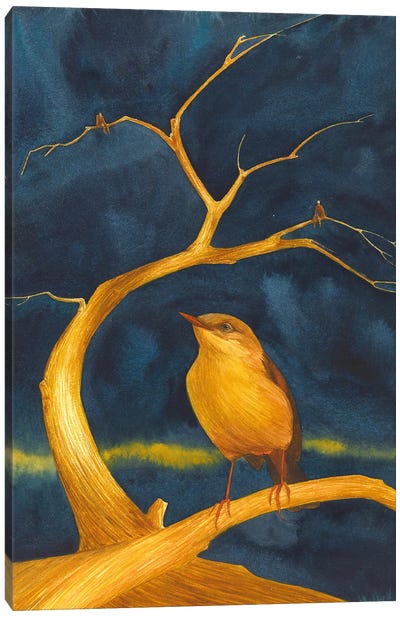Golden Tree With Golden Bird Canvas Art Print - Finch Art