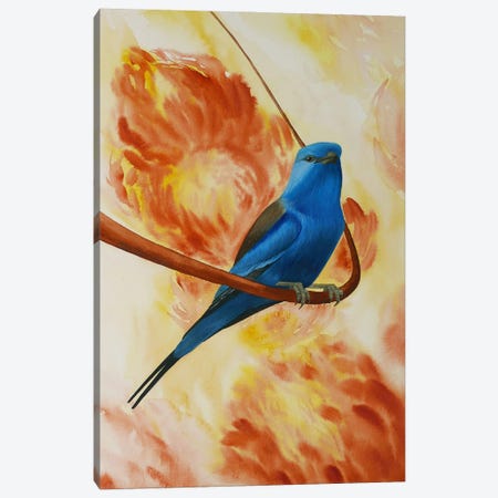 Blue Bird On The Branch With Flowers Canvas Print #KDY59} by Karina Danylchuk Canvas Print
