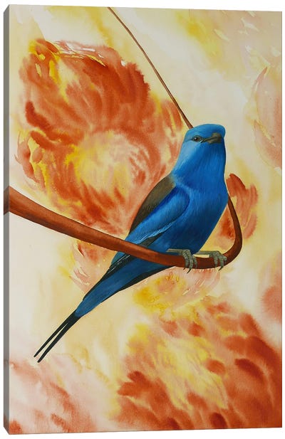 Blue Bird On The Branch With Flowers Canvas Art Print - Karina Danylchuk