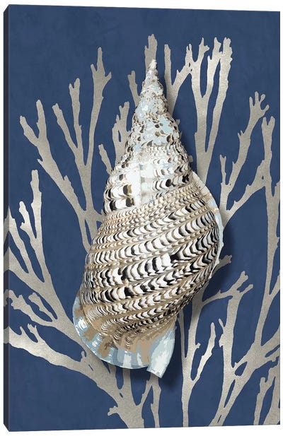 Shell Coral Silver on Blue I Canvas Art Print - Sea Life Art