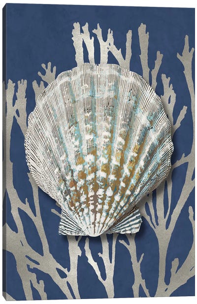 Shell Coral Silver on Blue IV Canvas Art Print - Sea Shell Art