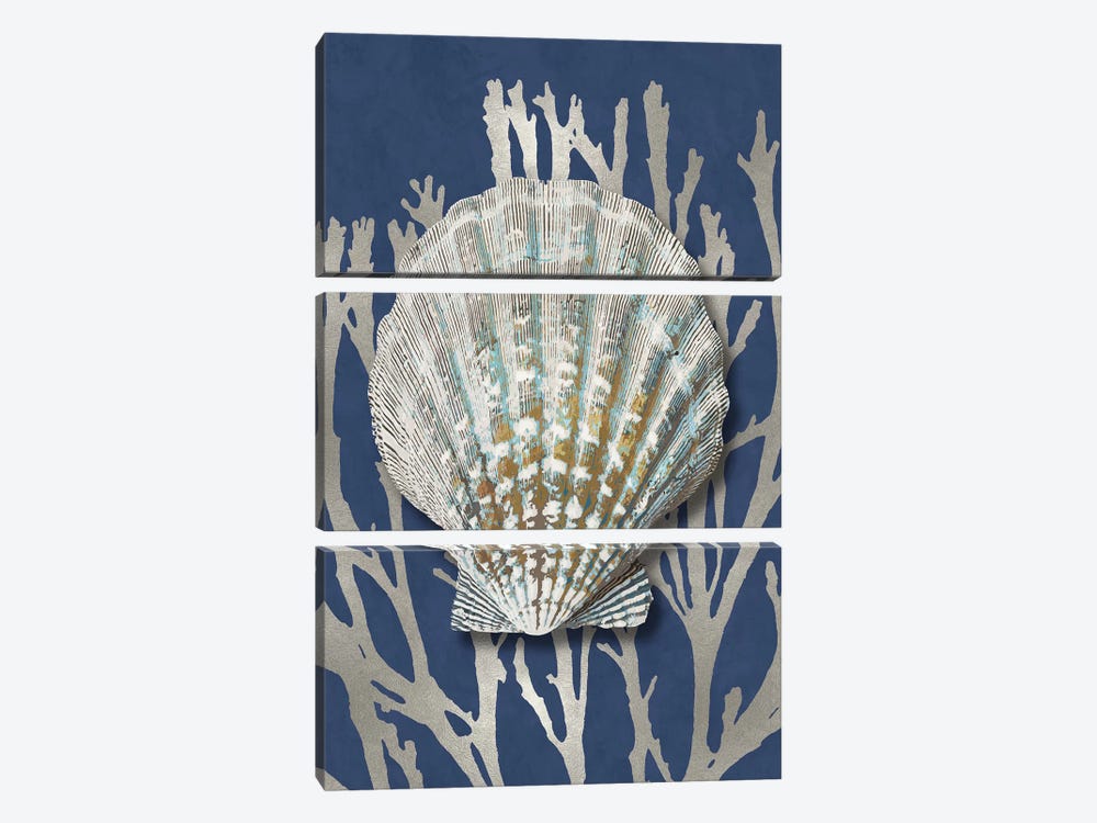 Shell Coral Silver on Blue IV by Caroline Kelly 3-piece Canvas Print