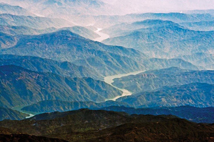 Aerial view of Irrawaddy River winding through the mountain, South Asia