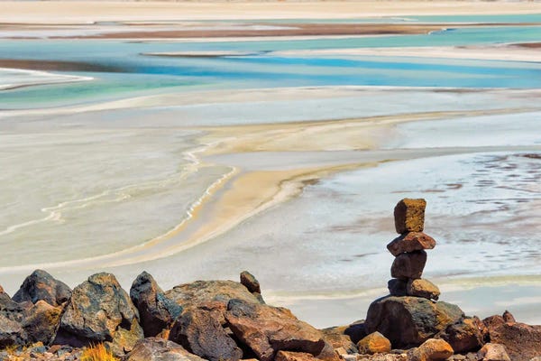 Laguna Salar de Talar with rock pile, San Pedro de Atacama, Antofagasta Region, Chile