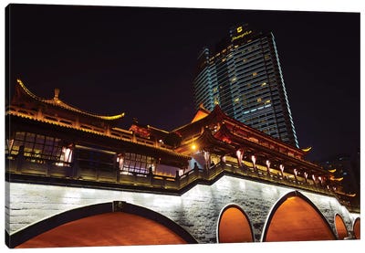 Night view of Anshun Bridge with modern high-rise, Chengdu, Sichuan Province, China Canvas Art Print - Chinese Décor
