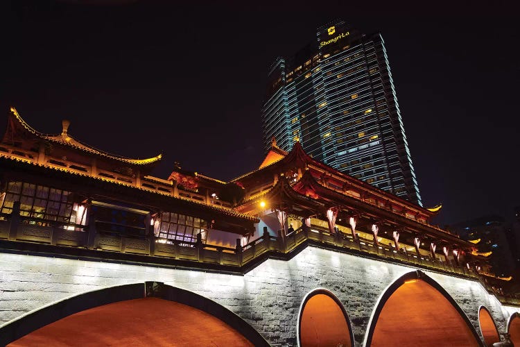 Night view of Anshun Bridge with modern high-rise, Chengdu, Sichuan Province, China