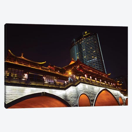 Night view of Anshun Bridge with modern high-rise, Chengdu, Sichuan Province, China Canvas Print #KES37} by Keren Su Art Print
